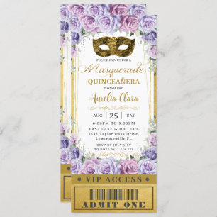 Invitation Billet Mascarade Floral Lilac Quinceañera