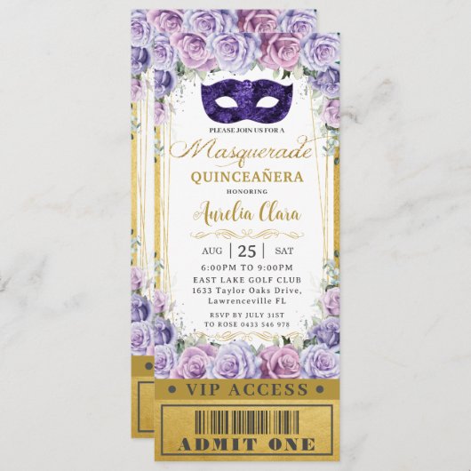 Invitation Billet Mascarade Floral Lilac Quinceañera (Devant / Derrière)