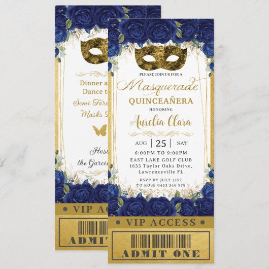 Invitation Billet mascarade Royal Blue Floral Quinceañera (Devant / Derrière)