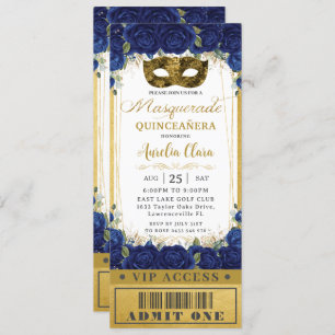 Invitation Billet mascarade Royal Blue Floral Quinceañera