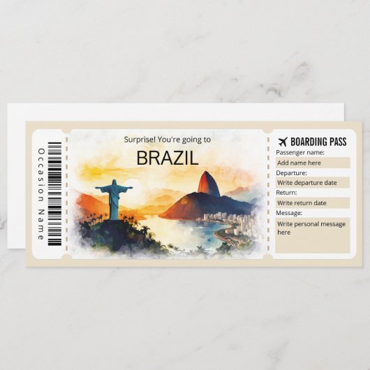 Invitation Billet modifiable Brésil Avion Rio Boarding Pass (Devant / Derrière)