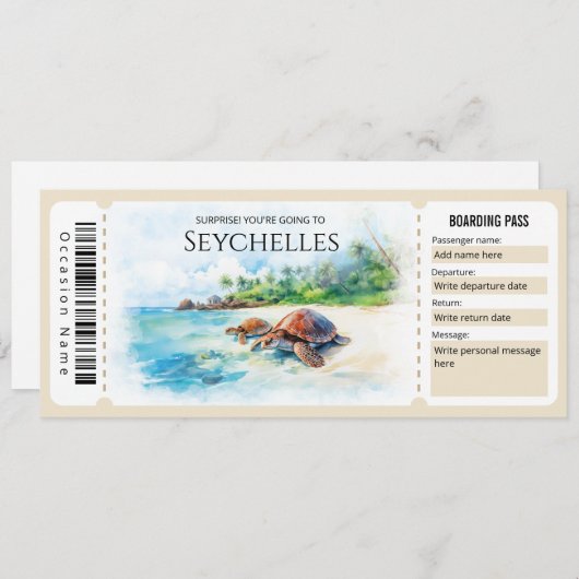 Invitation Billet modifiable Seychelles Plane Boarding Pass (Devant / Derrière)
