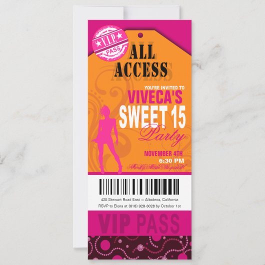 Invitation Billet orange, rose et Fuschia VIP Sweet 15 (Devant)
