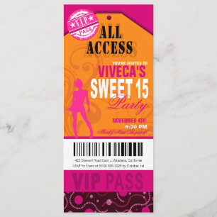 Invitation Billet orange, rose et Fuschia VIP Sweet 15