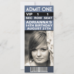 Invitation Billet photo VIP en acier bleu fête d'anniversaire