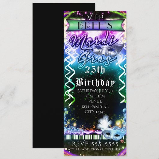 Invitation Billet pour la fête d'anniversaire VIP Mardi Gras  (Devant / Derrière)
