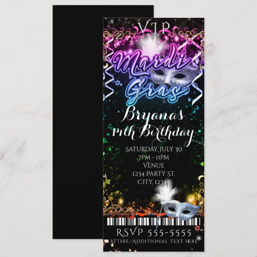 Invitation Billet pour la fête d'anniversaire VIP Mardi Gras  (Devant / Derrière)