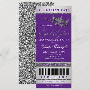Invitation Billet pour la fête masquée Sweet 16 argent pourpr