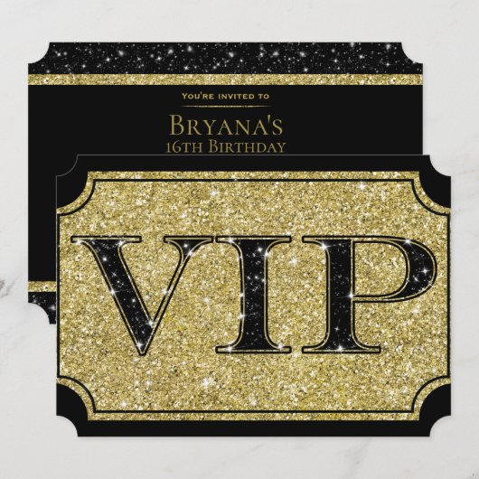 Invitation Billet pour la soirée VIP Black & Gold Glitter Gla (Devant / Derrière)