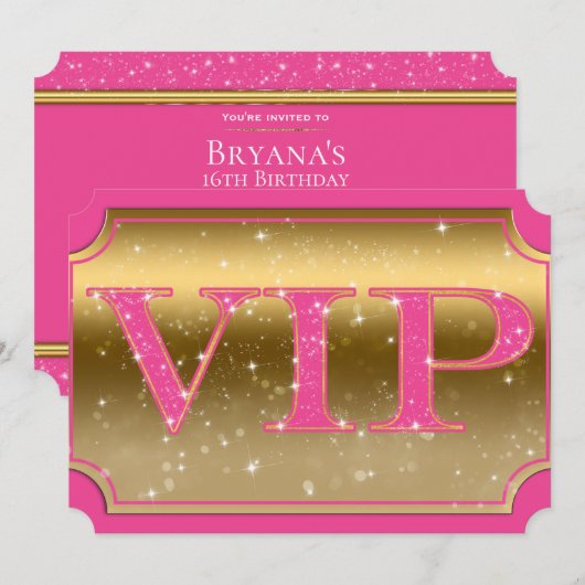 Invitation Billet pour l'événement de fête VIP Pink & Gold Sp (Devant / Derrière)
