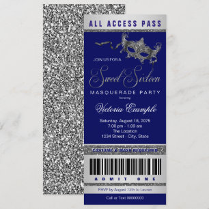 Invitation Billet pour Sweet 16 Masquerade Party Bleu Argent