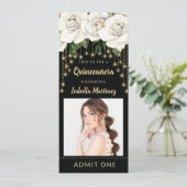 Invitation Billet Quinceañera en or Roses blanches (Debout devant)