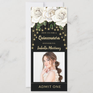 Invitation Billet Quinceañera en or Roses blanches