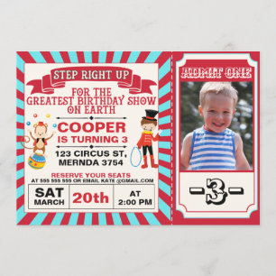 Invitation Billet Red Blue Circus Photo Anniversaire Invitati