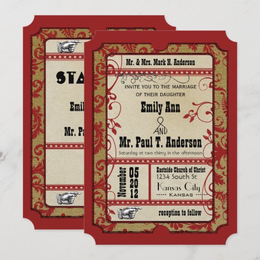 Invitation Billet Red Old Hollywood pour deux Mariages (Devant / Derrière)