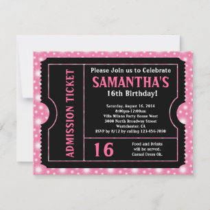 Invitation Billet rose et noir, Sweet 16 ou n'importe quel âg