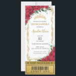 Invitation Billet Rose Floral Rouge Quinceañera Sweet 16 VIP<br><div class="desc">Personnalisez cette invitation chic Quinceañera / Sweet 16 VIP style de ticket avec vos détails de fête facilement et rapidement, appuyez simplement sur le bouton customiser pour réorganiser et formater le style et le placement du texte. Doté de belles roses rouges, d'une couronne de princesse d'or et d'une bordure vintage...</div>