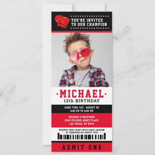 Invitation Billet rouge noir Boxe Photo Anniversaire (Devant)