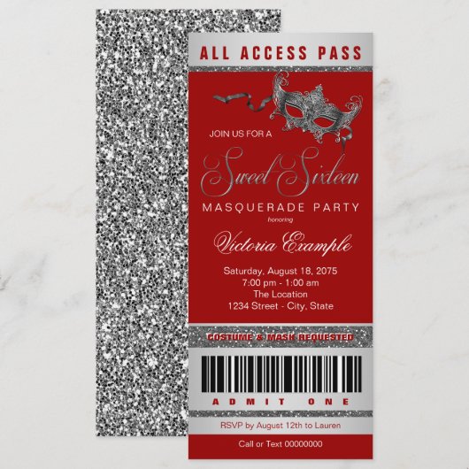 Invitation Billet Rouge Silver Sweet 16 Masquerade Party (Devant / Derrière)