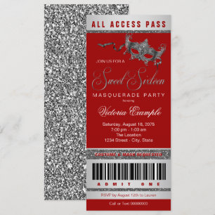 Invitation Billet Rouge Silver Sweet 16 Masquerade Party