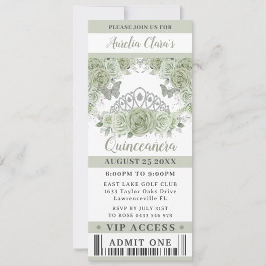 Invitation Billet Sage Green Floral Crown Quinceañera VIP (Devant)