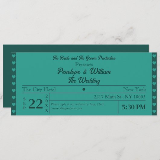 Invitation Billet Simple Retro Style Mariage vert (Devant / Derrière)