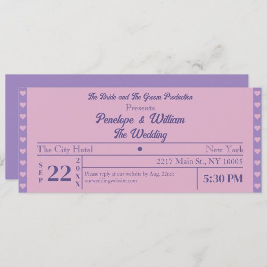 Invitation Billet Simple Retro Style Mariage violet (Devant / Derrière)