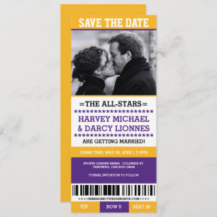 Invitation Billet sport violet et jaune Enregistrer la date