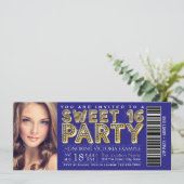 Invitation Billet Sweet 16 Bleu Royal et Or (Debout devant)