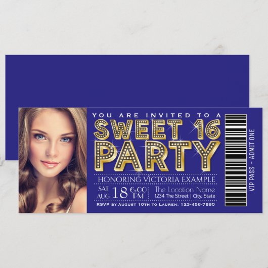 Invitation Billet Sweet 16 Bleu Royal et Or (Devant / Derrière)