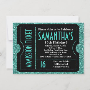 Invitation Billet Sweet 16 Turquoise Blue Sparkle