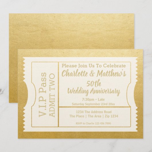 Invitation Billet VIP 50e anniversaire Faux Or (Devant / Derrière)