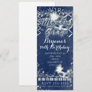 Invitation Billet VIP d'anniversaire Mardi Gras Bleu et Blanc