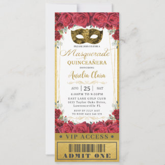 Invitation Billet VIP Masquerade Rose Quinceañera Floral Roug