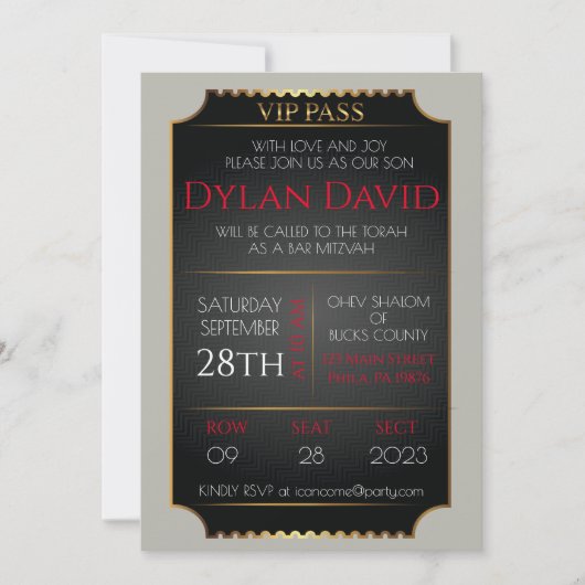 Invitation BILLET VIP pour Bar Mitzvah en noir et or de chauv (Devant)