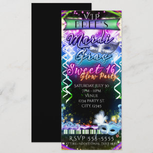 Invitation Billet VIP pour la fête SWEET 16 Mardi Gras Rainbo