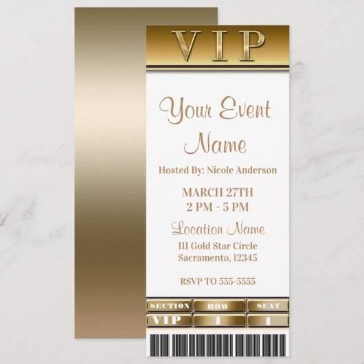 Invitation Billet VIP Soirée de Gala Élégante Or et Blanc (Devant / Derrière)