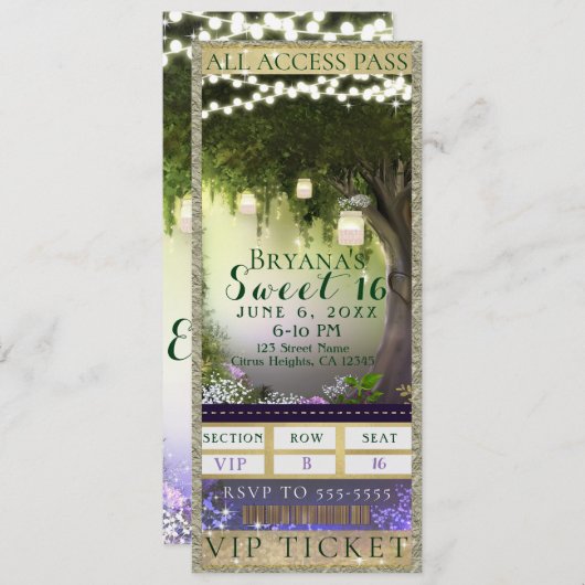 Invitation Billet VIP Sweet 16 Party Enchanted Forest Access (Devant / Derrière)