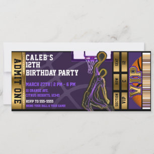 Invitation Billet VIP violet or pour l'anniversaire de Basket