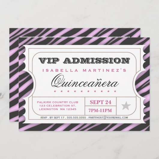 Invitation Billet VIP Zebra Glam Quinceanera fête d'anniversa (Devant / Derrière)