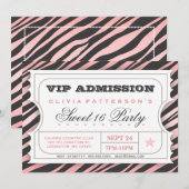 Invitation Billet VIP Zebra Glam Sweet 16 Anniversaire Pink (Devant / Derrière)