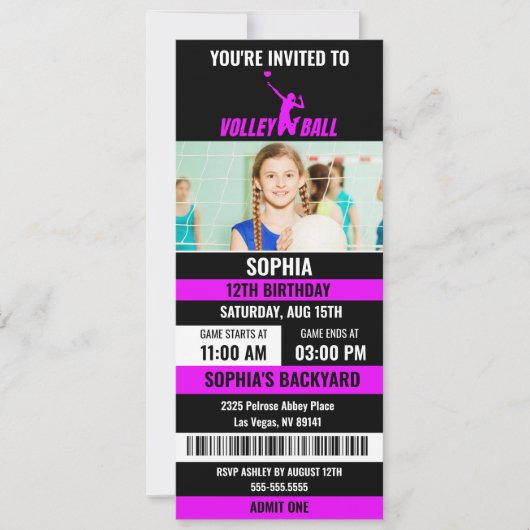 Invitation Billet Volley-ball noir violet photo Anniversaire (Devant)