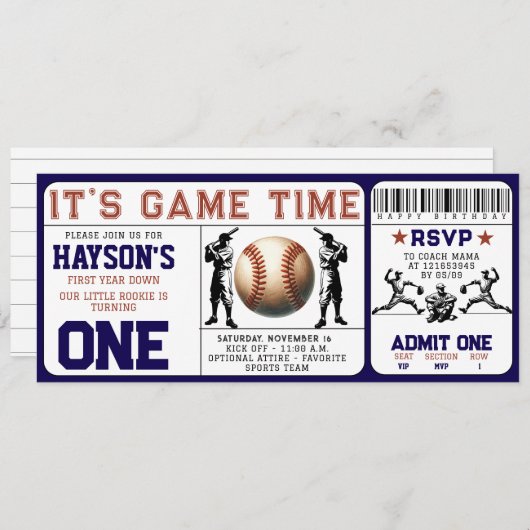 Invitation Billets de base-ball première année bas 1er annive (Devant / Derrière)