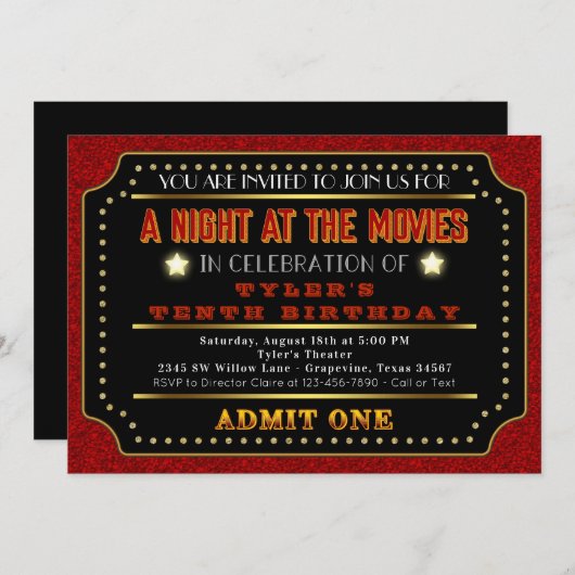 Invitation Billets de cinéma fête d'anniversaire (Devant / Derrière)