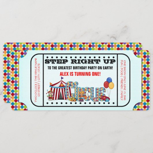 Invitation Billets de cirque fête d'anniversaire (Devant / Derrière)