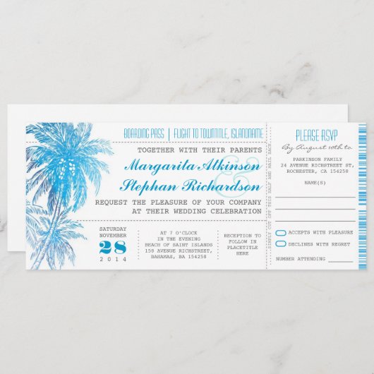 Invitation billets de mariage turquoise (Devant / Derrière)