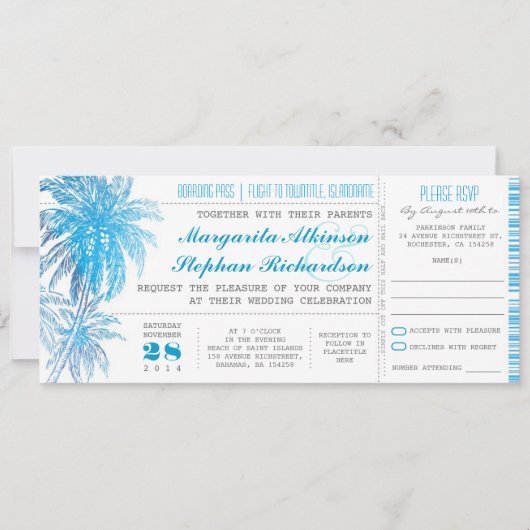 Invitation billets de mariage turquoise (Devant)