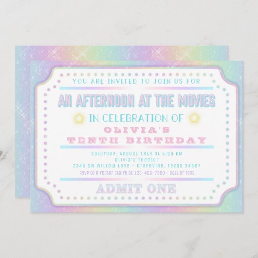 Invitation Billets Rainbow Movie Anniversaire (Devant / Derrière)
