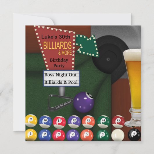 Invitation Billiards Pool Mans 30e fête d'anniversaire (Devant)