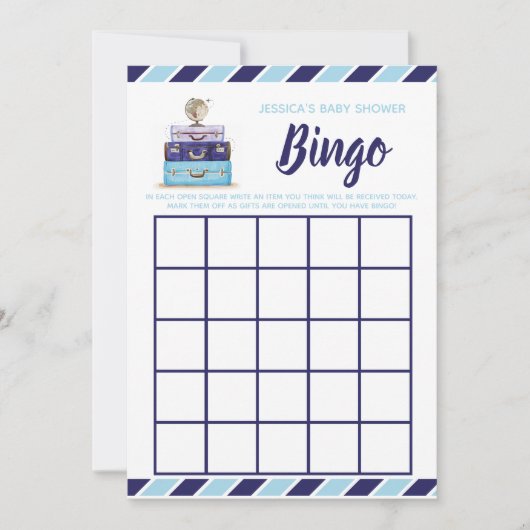 Invitation Bingo baby shower Bleu Voyage thème jeu (Devant)